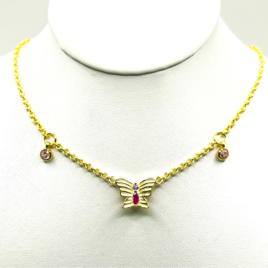 Nwot Sterling Silver 14k Gold Plated Butterfly Necklace With Red Stone 16”-18”